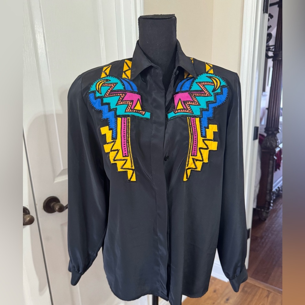 Vintage G Londo Black Button‎ Blouse Geometric Print